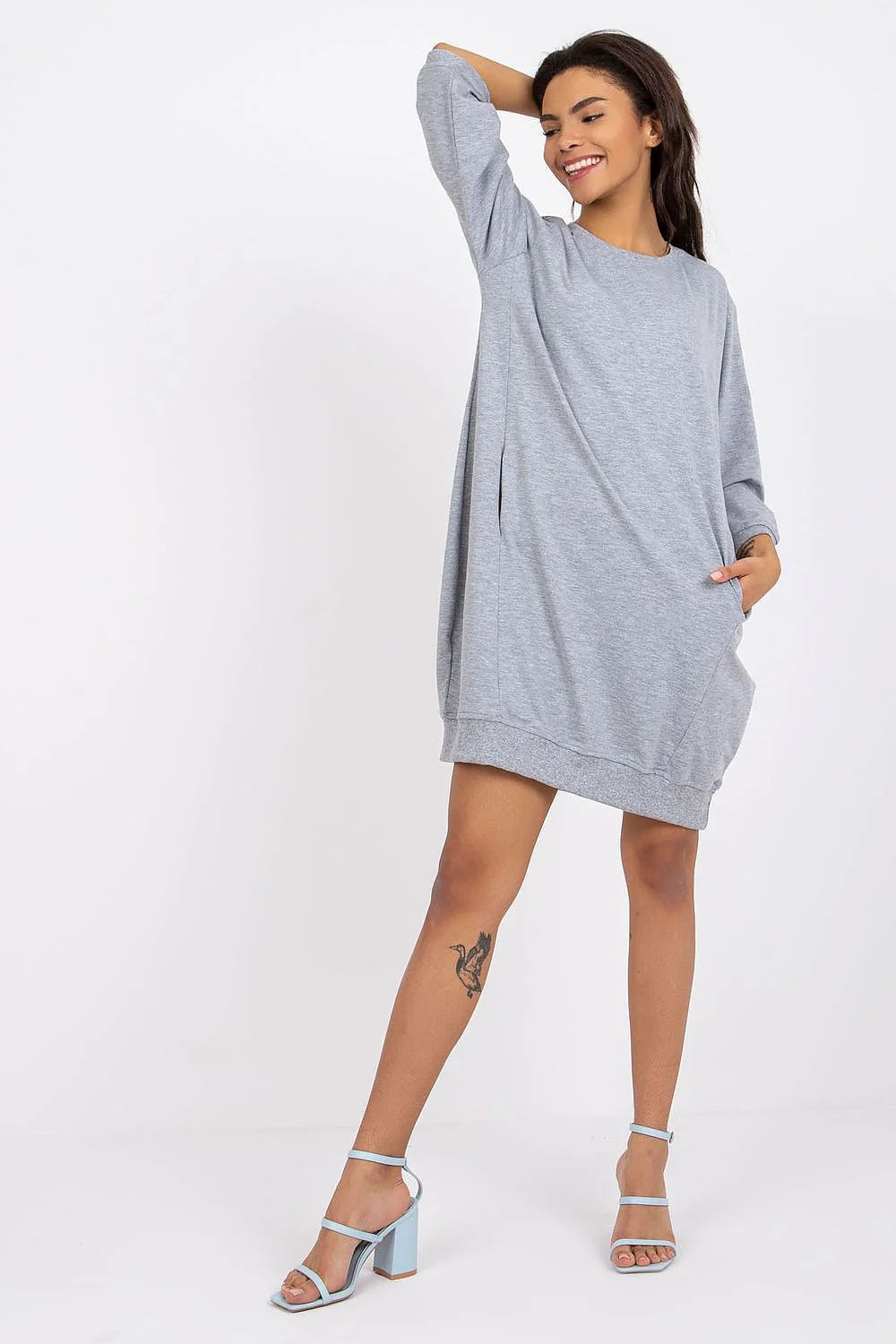 Robe décontractée femme en coton élasthanne gris ample manches longues poches confort maison détente