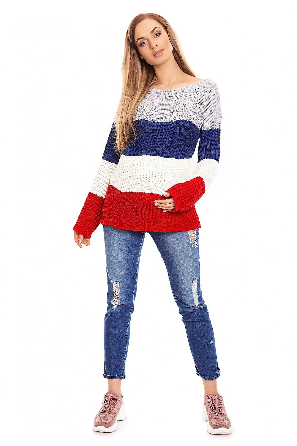 pull tricoté femme grossesse grosse maille rayures horizontales beige kaki blanc noir oversize coupe ample manches longues col rond chaud