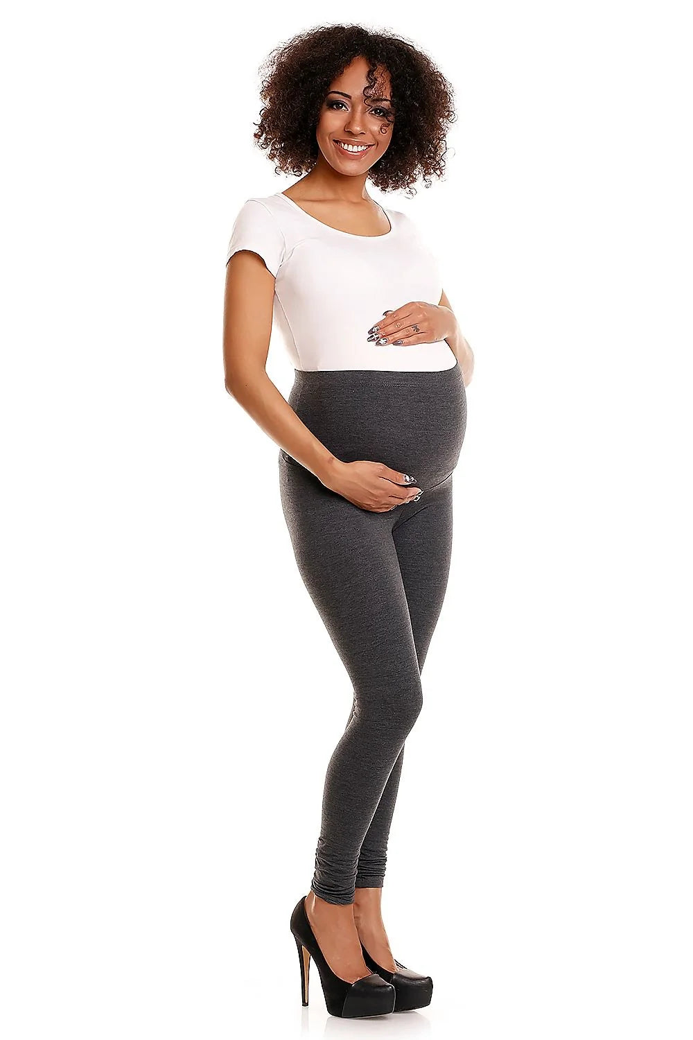 legging maternité grossesse slim ajusté taille haute large panneau ventre extensible jersey stretch doux maintien confort gris chiné
