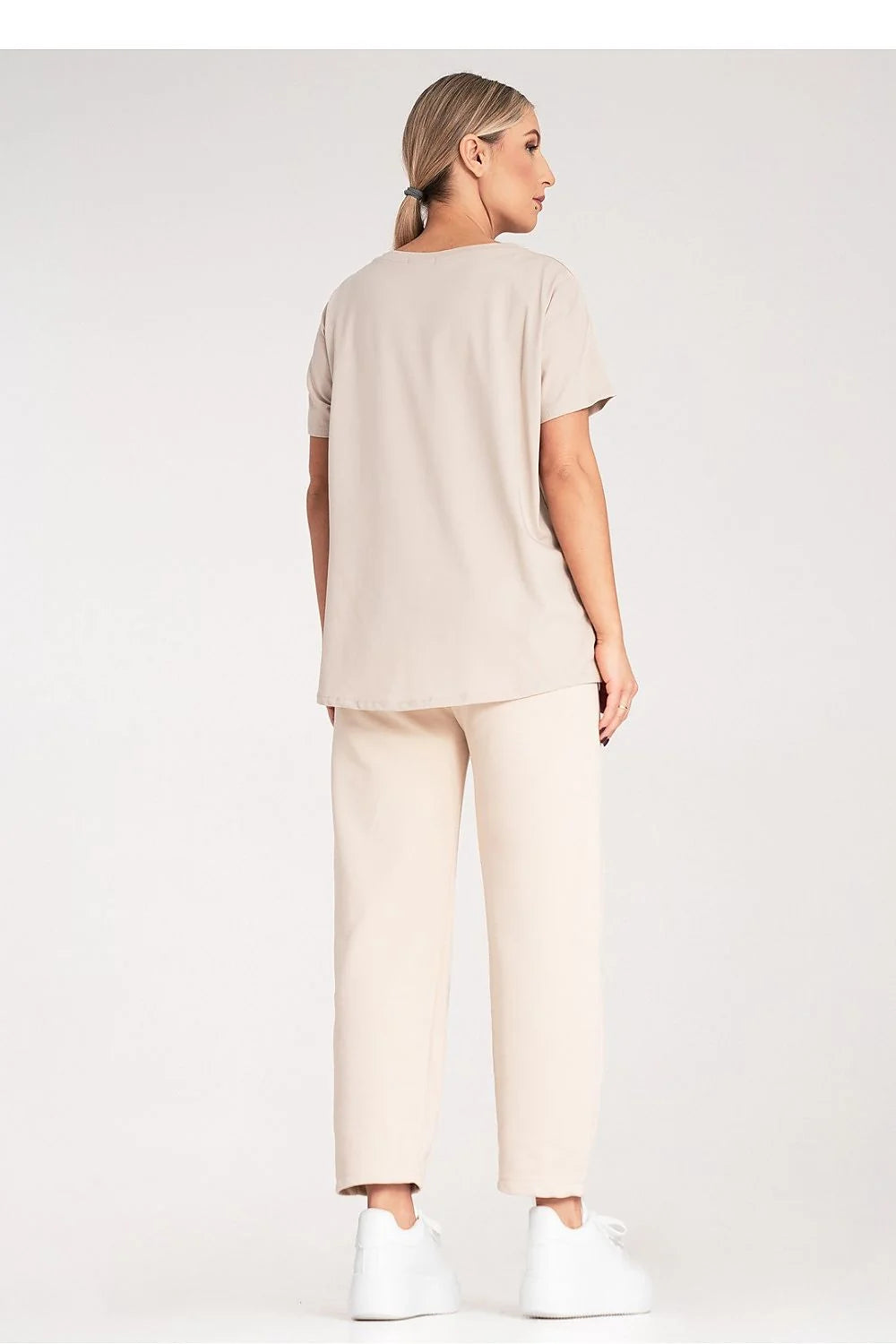 Ensemble femme casual haut et bas manches courtes beige fluide matelassé tissu coton élasthanne