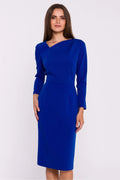 Robe élégante pour femme coupe crayon manches longues encolure asymétrique bleu électrique tissu extensible taille ajustable