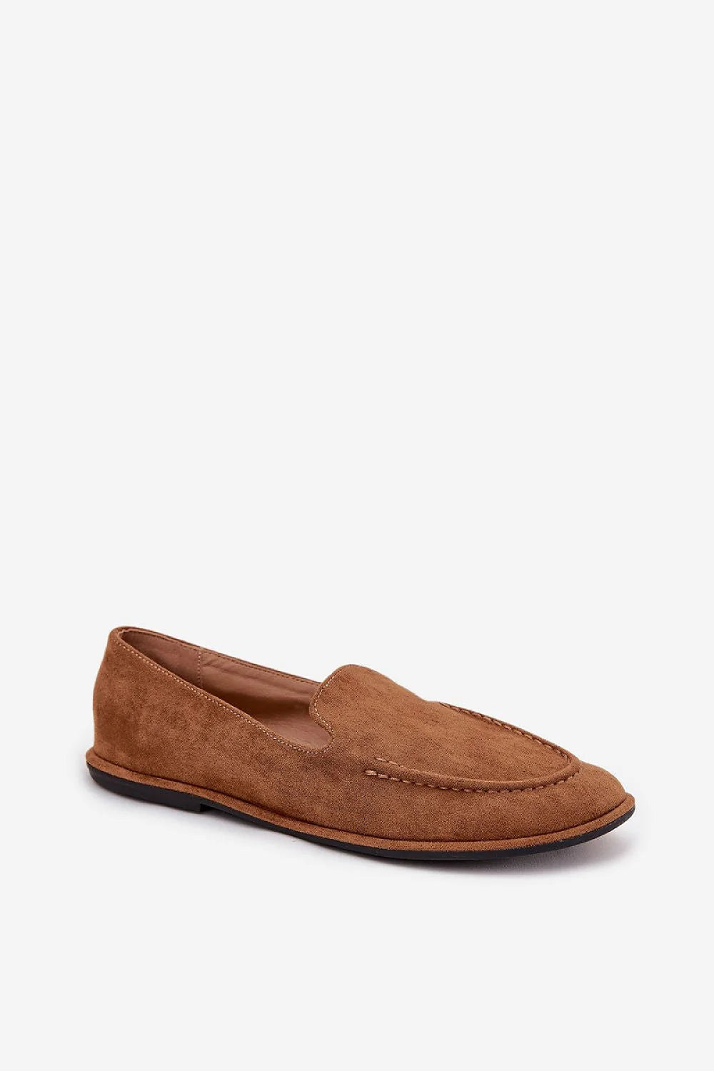 mocassins femme daim camel suédine écologique élastiqués bout arrondi surpiqûres apparentes tige souple semelle fine caoutchouc plate confortables polyvalentes élégantes