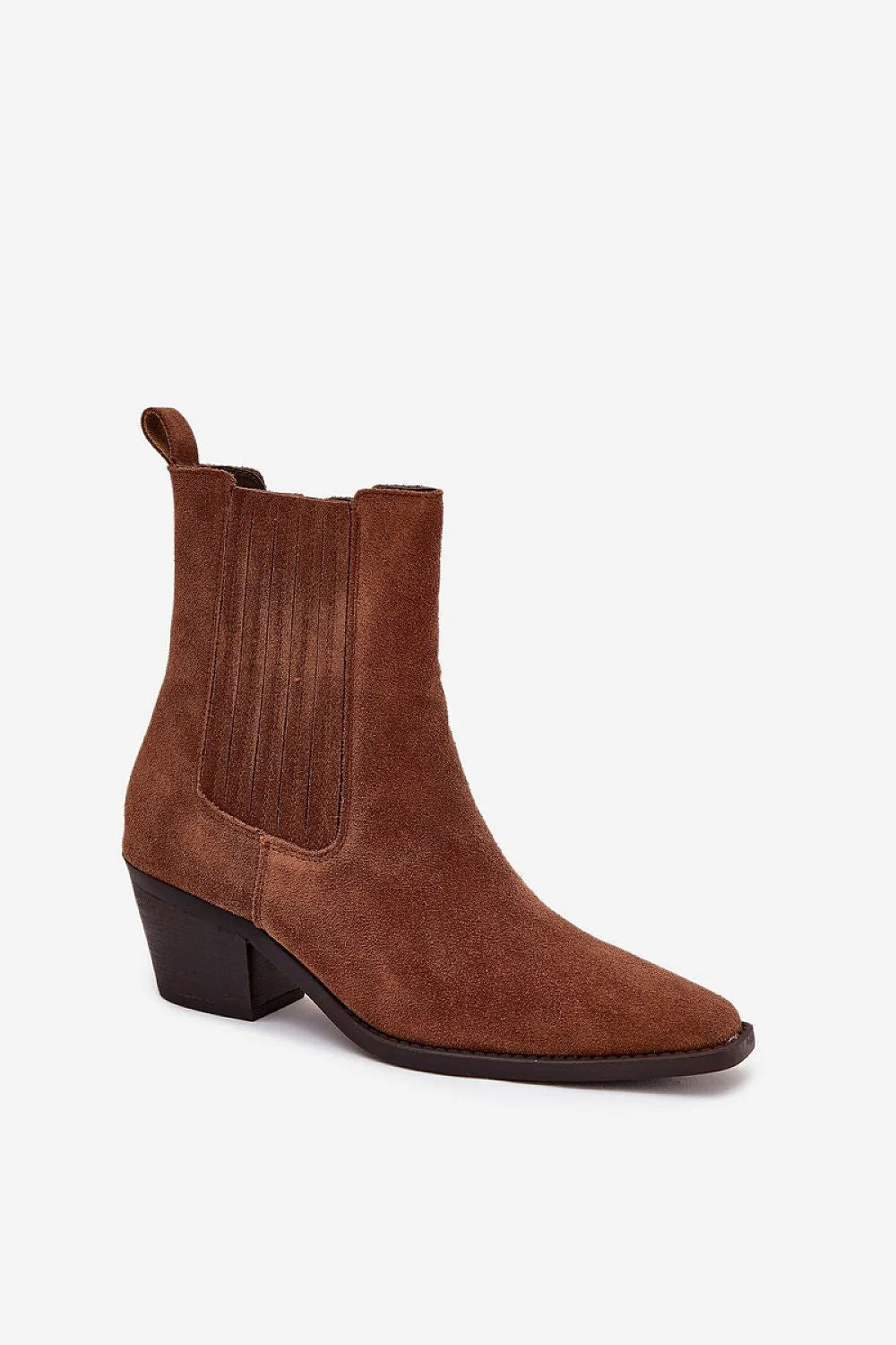 bottines femme suède cognac western bout pointu talon bloc moyen semelle noire contrastée gousset élastique zip latéral doublure fourrure chaude