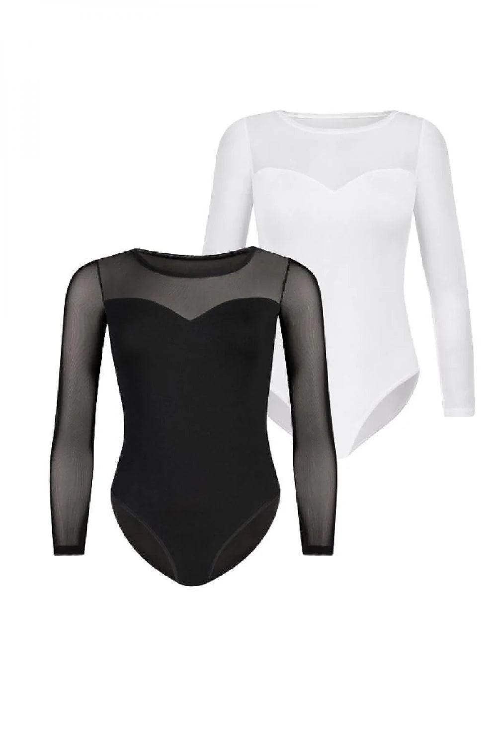 Set de deux bodys pour femme, manches longues, style élégant, matières stretch et mesh, couleurs noire et blanche, coupe ajustée, occasions habillées et quotidiennes