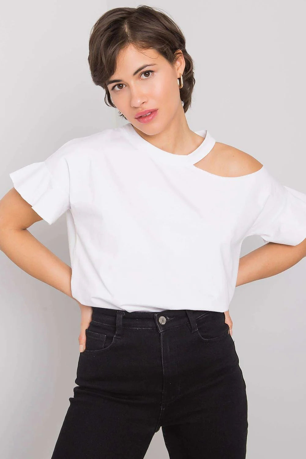 Blouse Fancy asymétrique pour femme, style cold shoulder, manches courtes, couleur rose vif, coton stretch, confortable, versatile, occasion多种