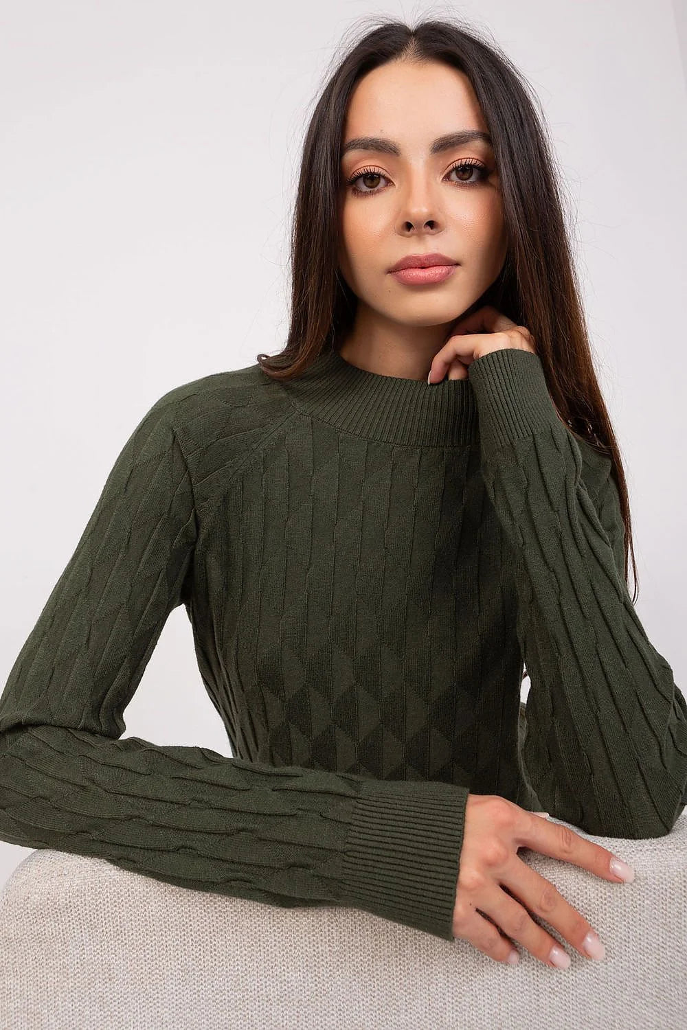Pull femme élégant moderne design géométrique vert olive manches longues encolure ronde côtelé polyester confortable
