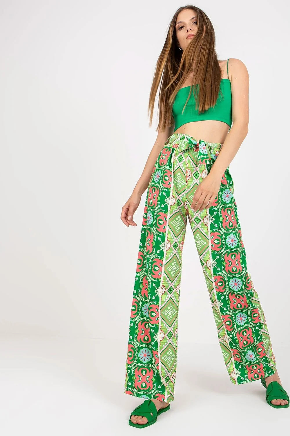 Pantalon femme Italy Moda haute taille jambes larges elastique lien design floral geometrique vert rose bleu blanc summer Casual