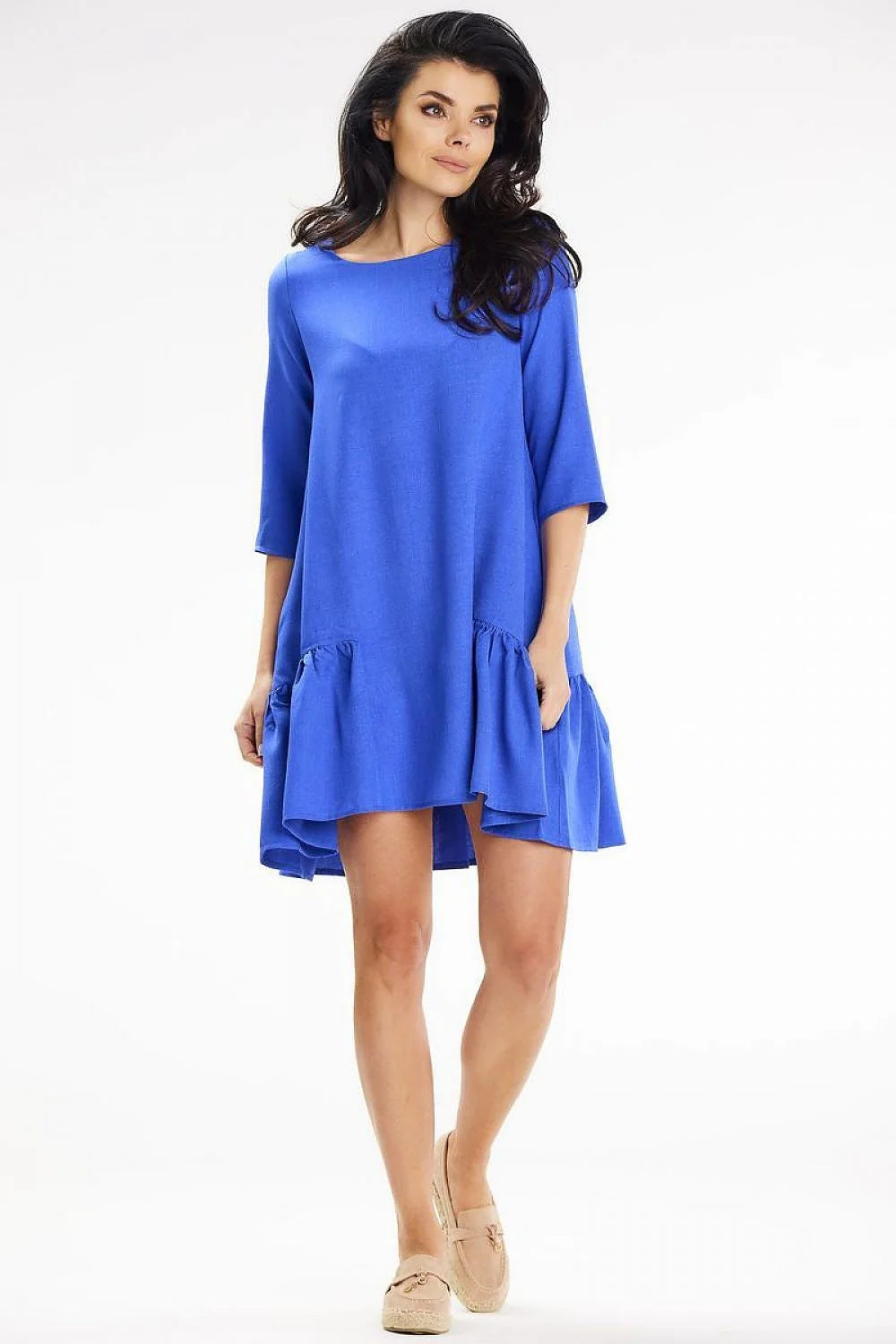Robe de jour awama coupe trapèze mini manches 3/4 ruffle asymétrique bleu vif polyester femme
