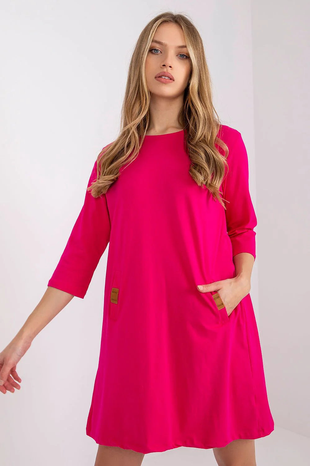 Robe ample verte coton moderne manches 3/4 poches latérales style décontracté mode féminine élégante