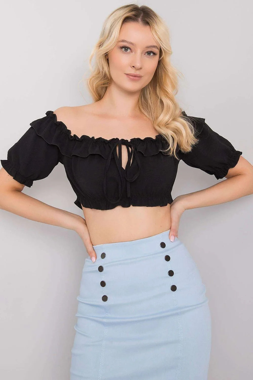 Ensemble chemisier jupe femme blanc style espagnol crop top manches courtes jupe courte smockée