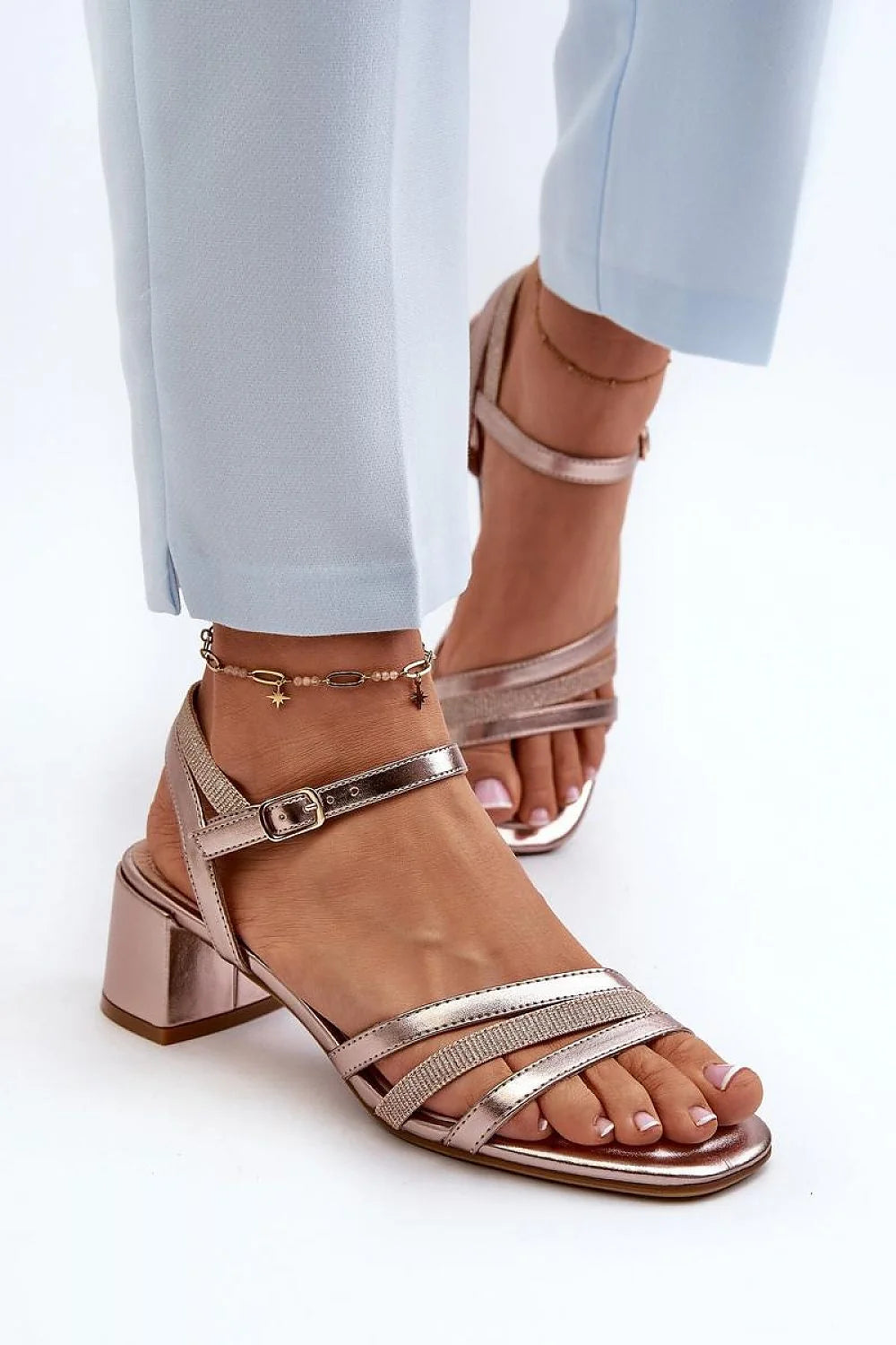Sandales à talons Step in style en cuir artificiel rose doré pour femmes, style élégant, confortable, occasion estivale
