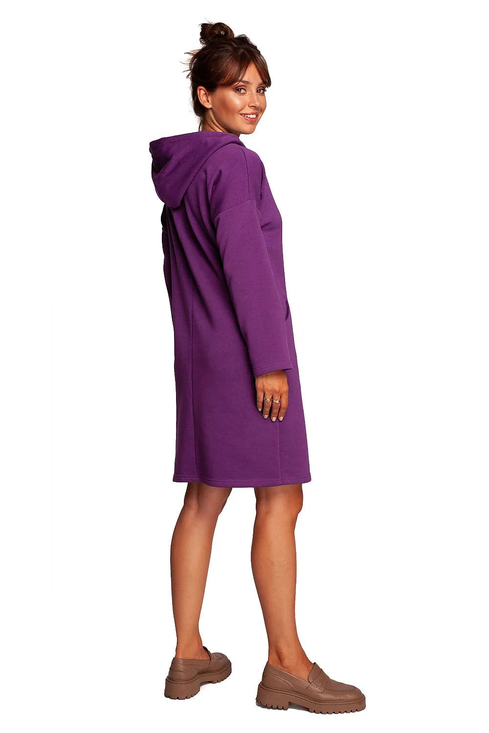 Robe femme mode décontractée capuche col montant imprimé léopard violet coton polyester confortable taille ajustable manches longues poche kangourou