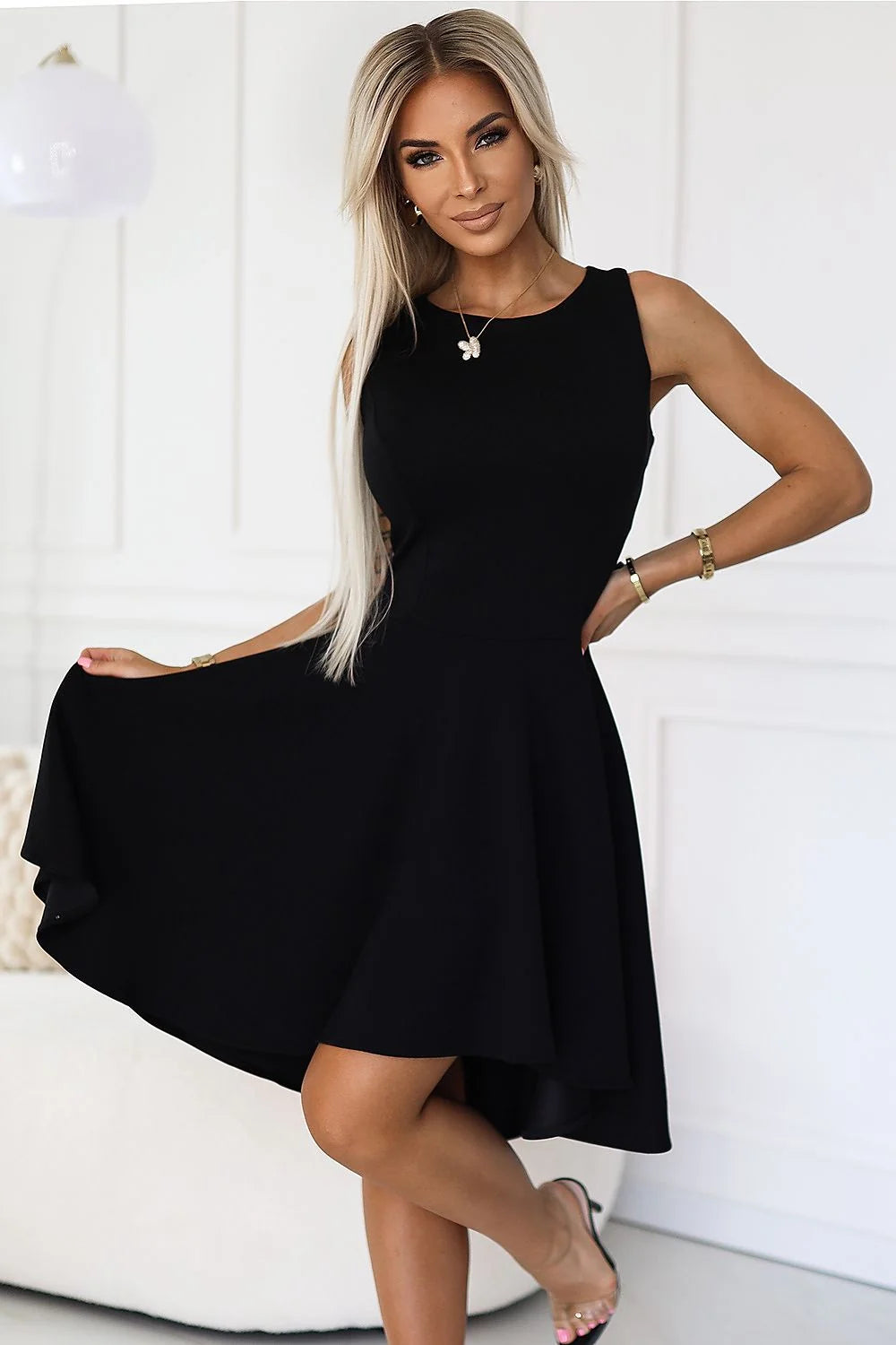 Robe cocktail Numoco noire élégante sans manches dos long en élasthanne polyester taille ajustée femme longueur genou