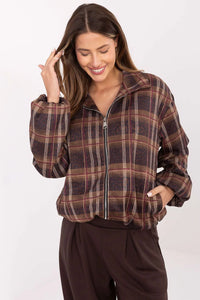 veste femme zippée oversize bomber court carreaux tartan imprimé animal marron taupe bordeaux flanelle col chemise poignets élastiqués