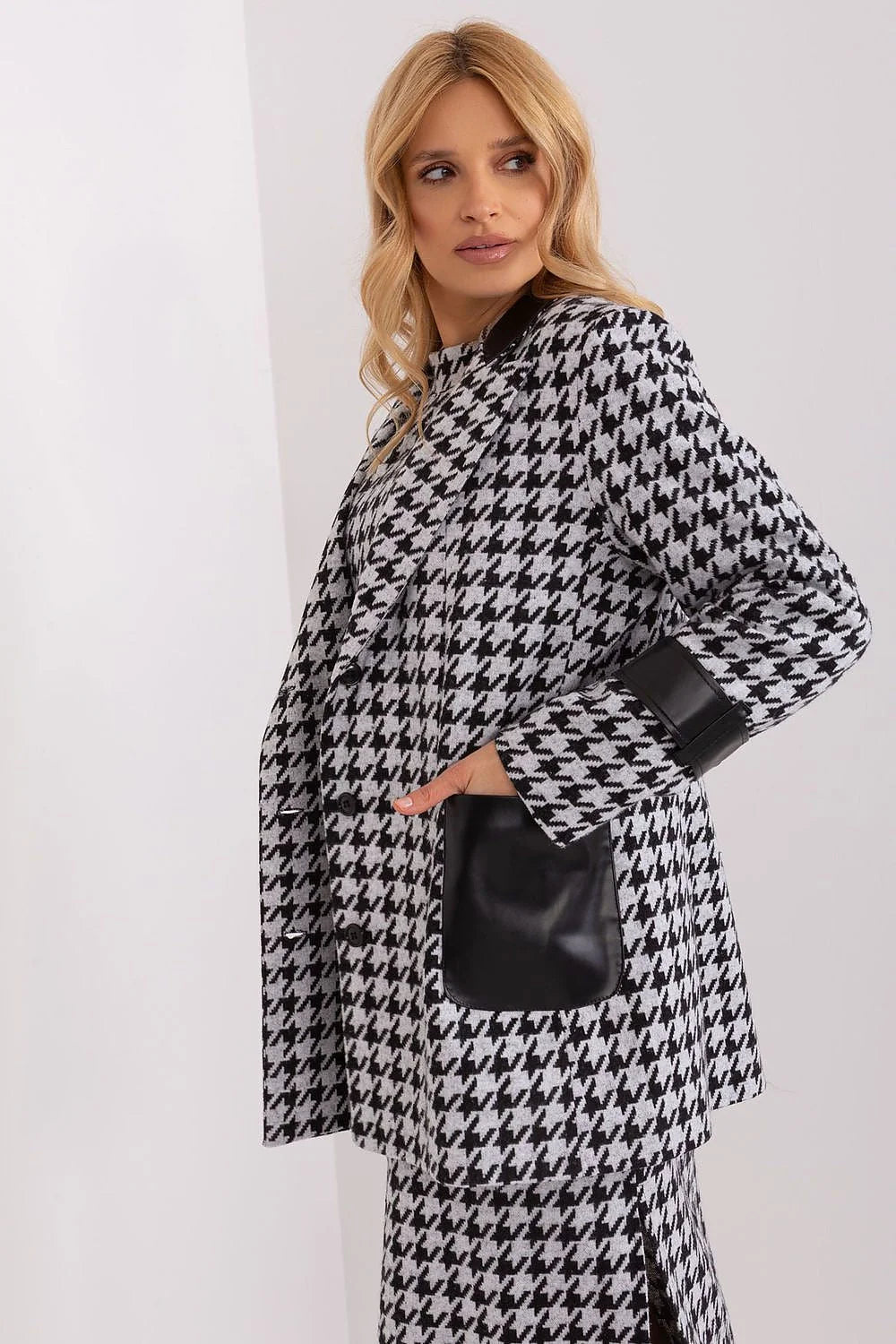 Veste pour femme manches longues col matelassé motif pied-de-poule cuir écologique tissu péplum polyvalente S/M L/XL