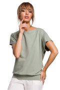 chemisier femme coton élasthanne ample décontracté élégant vert kaki manches courtes encolure bateau épaules tombantes ourlet large fluide confortable