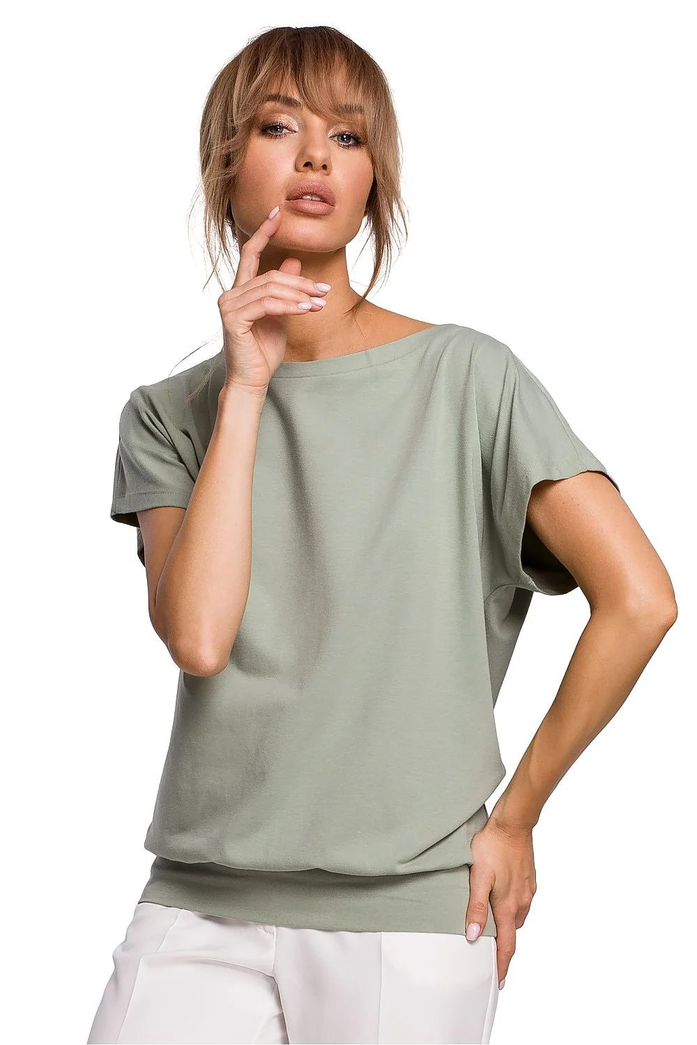 chemisier femme coton élasthanne ample décontracté élégant vert kaki manches courtes encolure bateau épaules tombantes ourlet large fluide confortable