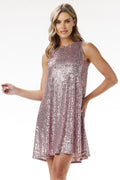 Robe de soirée élégante à paillettes sans manches en rose métallique coupe trapèze mini halter Awama