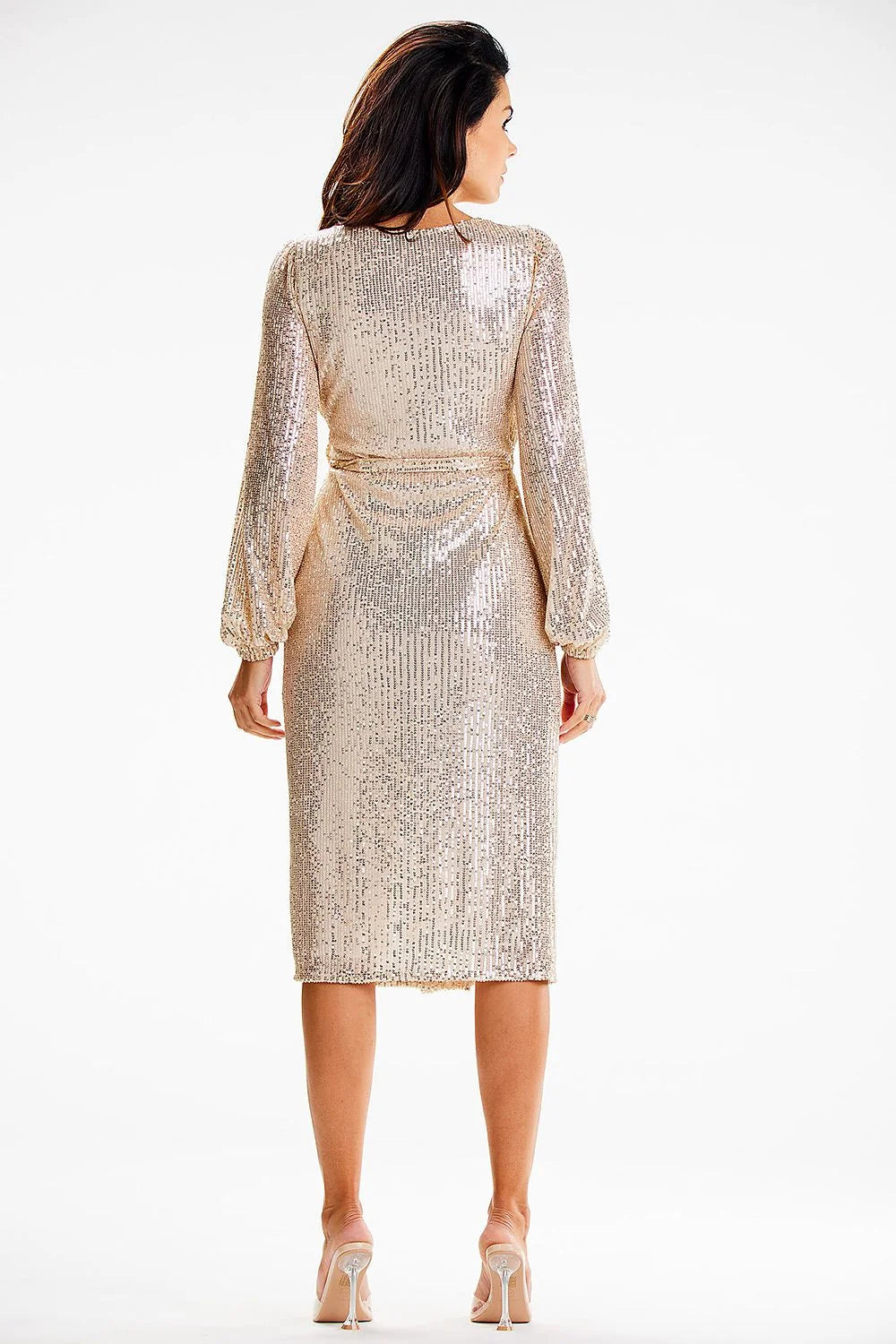 robe soirée longue midi pailletée sequins dorée scintillante manches bouffantes polyester élasthanne ceinture fine ajustable cintrée glamour festive mariage gala