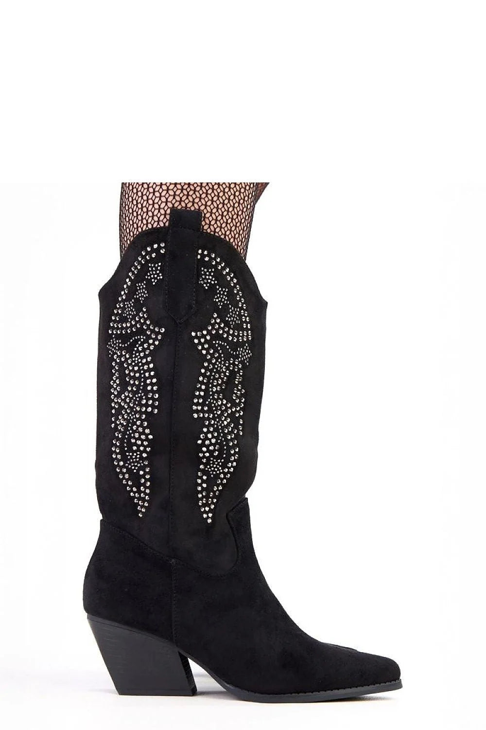 bottines cowboy femme suédé écologique noir mi mollet bout pointu talon cubain stable confortable fermeture zippée intérieure semelle zircons subtils