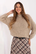 pull femme oversize court beige chiné col rond grosse maille laineuse chunky manches ballon épaules tombantes bords côtelés coupe cosy