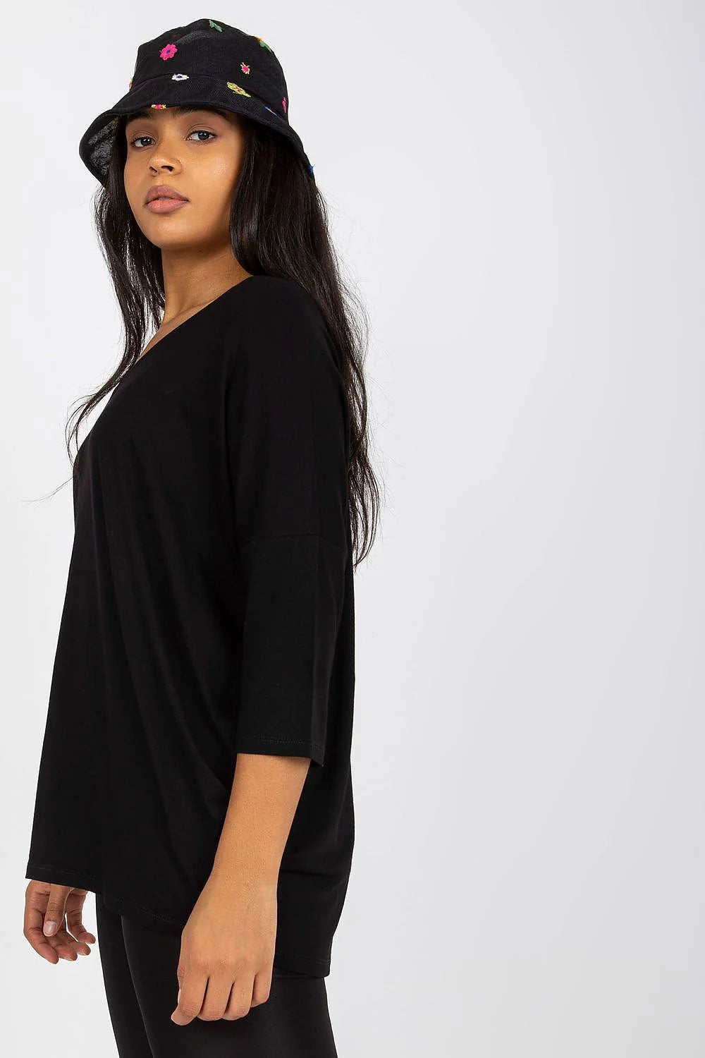 ensemble mode confort femmes grande taille haut noir manches trois quarts ample viscose elasthanne short cycliste ajusté bob floral brodé