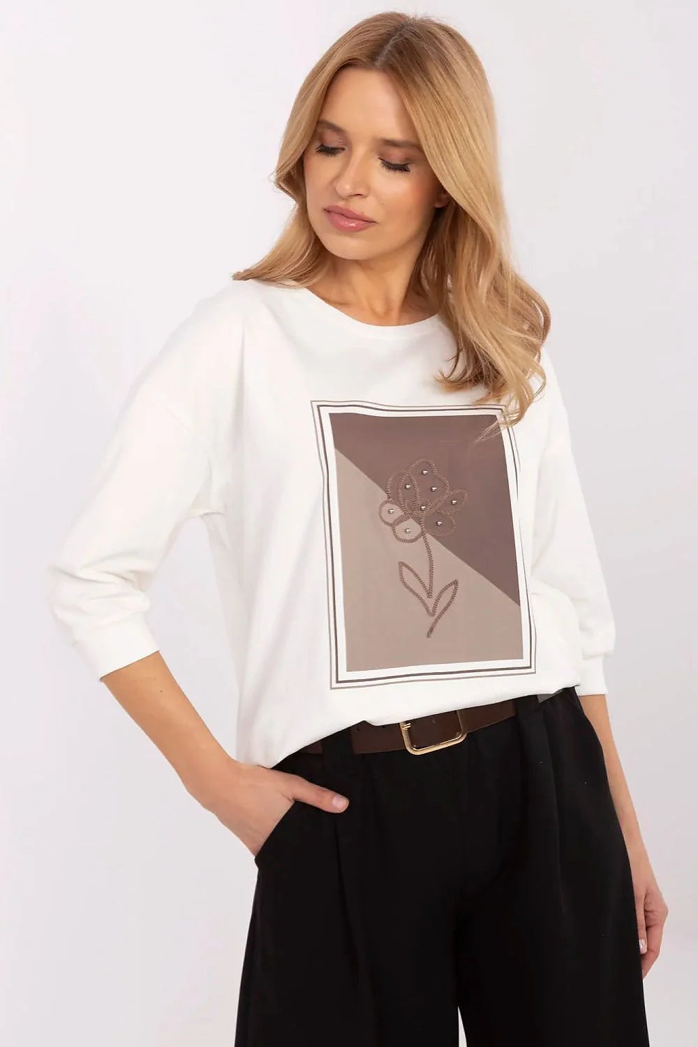 Chemisier femme moderne chic en coton élasthanne manches 3/4 encolure ronde imprimé floral métallique occasion quotidienne