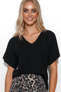 chemisier Makadamia femme noir encolureV manches courtes kimono oversize coupe ample tissu fluide coton respirant polyvalent casualchic mihanche