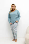 pyjama femme grande taille coton respirant douceur confort ajustement col rond manches longues patte boutons trois impression florale dominante