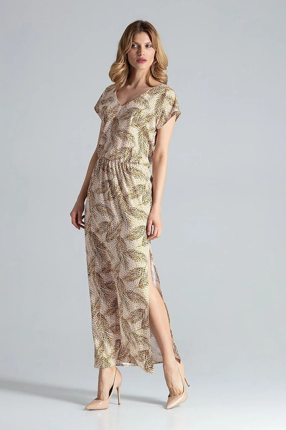 Robe élégante pour femme longue manches courtes décolleté V taille élastiquée motif animalier beige et marron