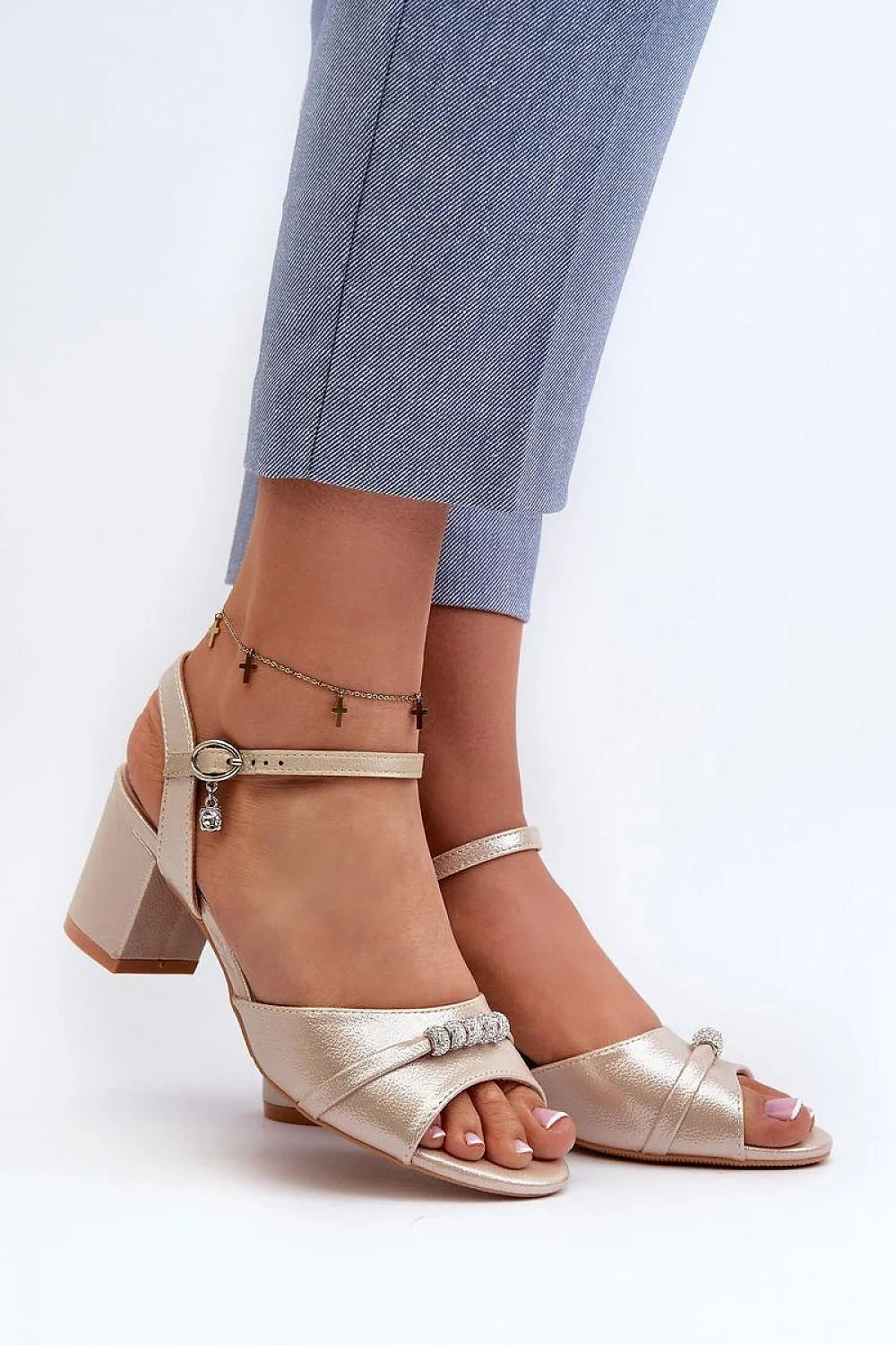 Sandales à talons femmes Vinceza design élégant moderne cuir synthétique champagne doré talon bloc 6.5cm lanières strass boucle métal