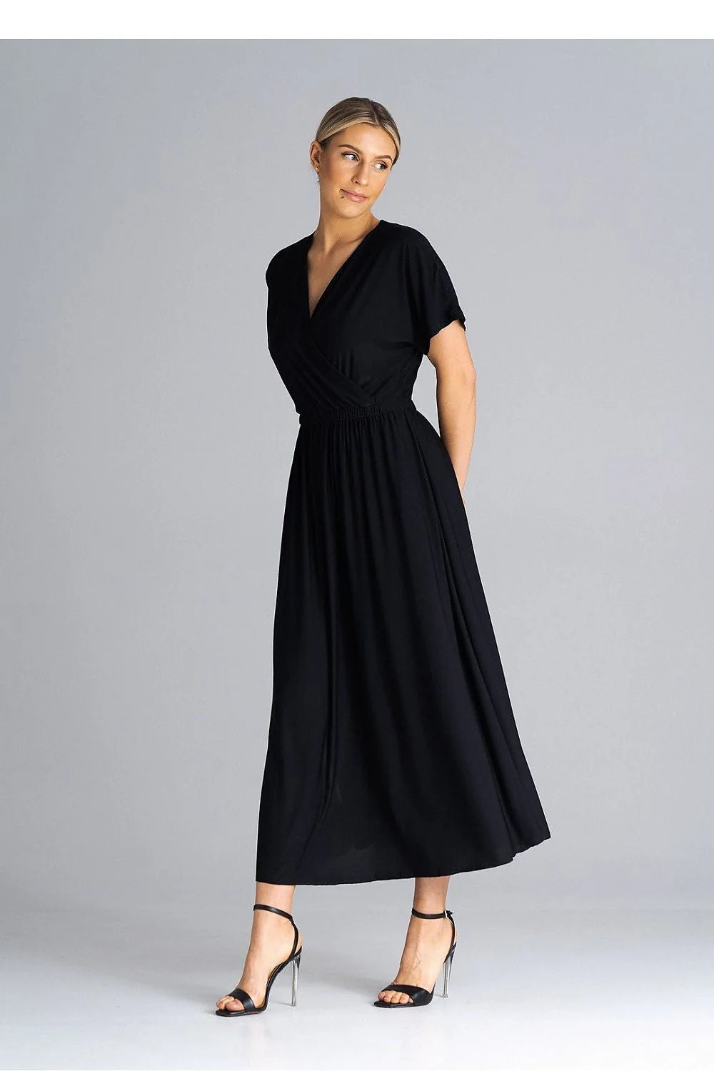 Robe de jour élégante longue manches courtes encolure V croisée taille ajustable noire femme polyester elastane