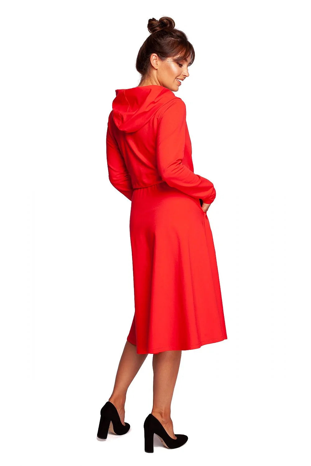 Robe de jour féminine élégante en coton élasthanne coupe A manches longues col drapé poches latérales