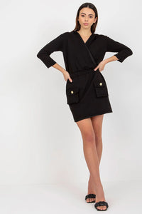 Robe coton élasthanne noir manches 3/4 encolure v poches minimaliste ajustable polyvalente mode femme