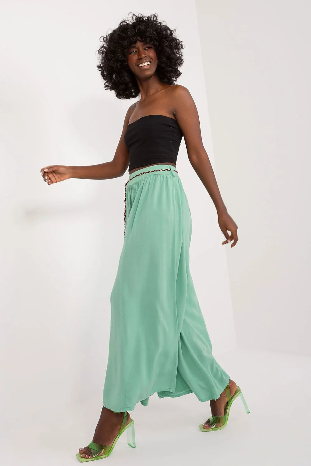 Pantalon femme Och Bella large taille haute ceinture élastique viscose vert menthe style bohème