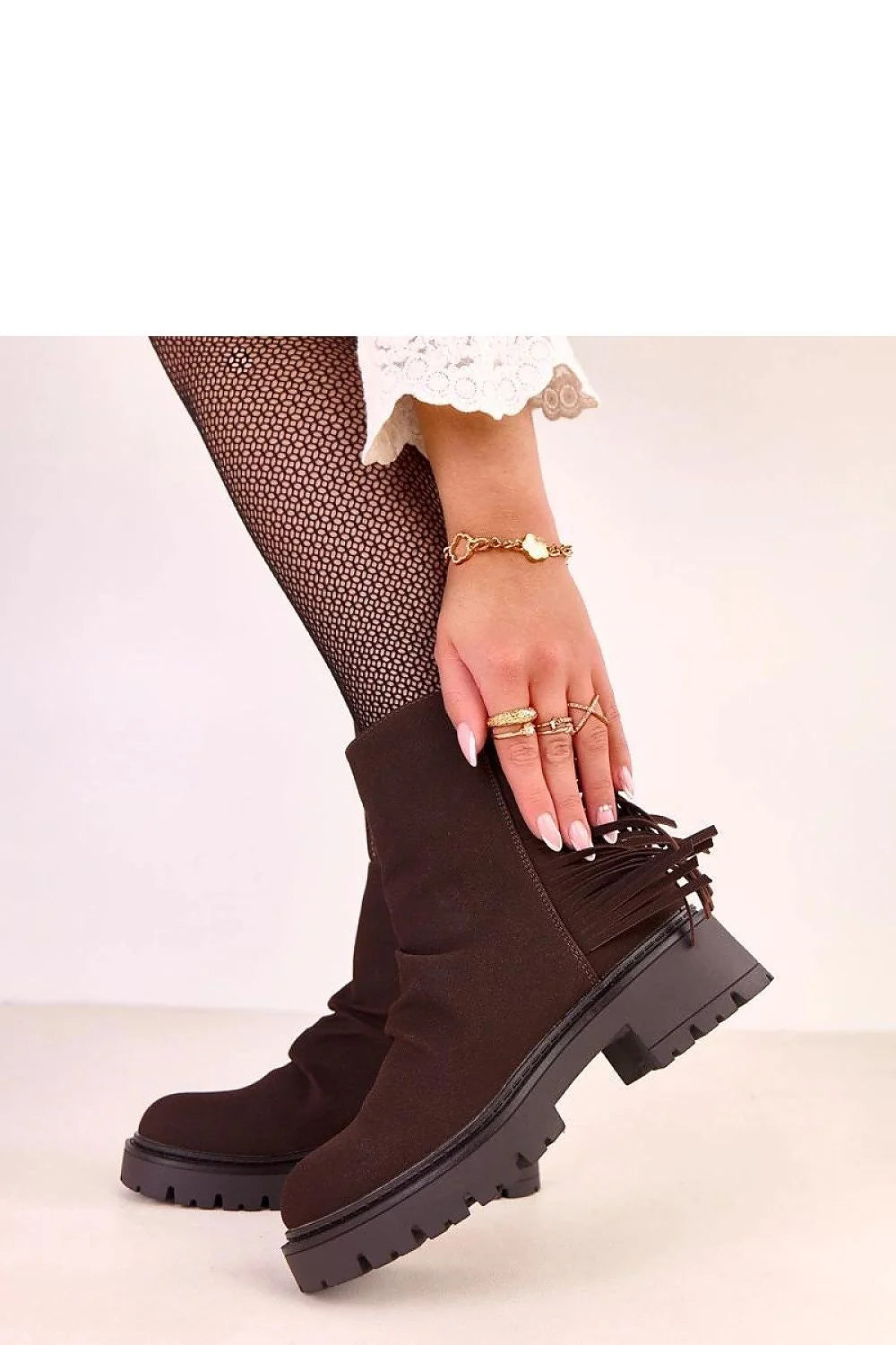 bottines femme chelsea marron suédé écologique franges décoratives bout rond tige cheville semelle crantée plateforme épaisse talon bloc fermeture éclair