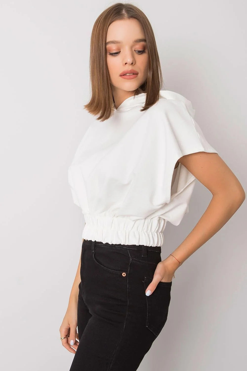 Sweatshirt femme Fancy style moderne couleur turquoise large manches courtes capuche élastique coton polyester