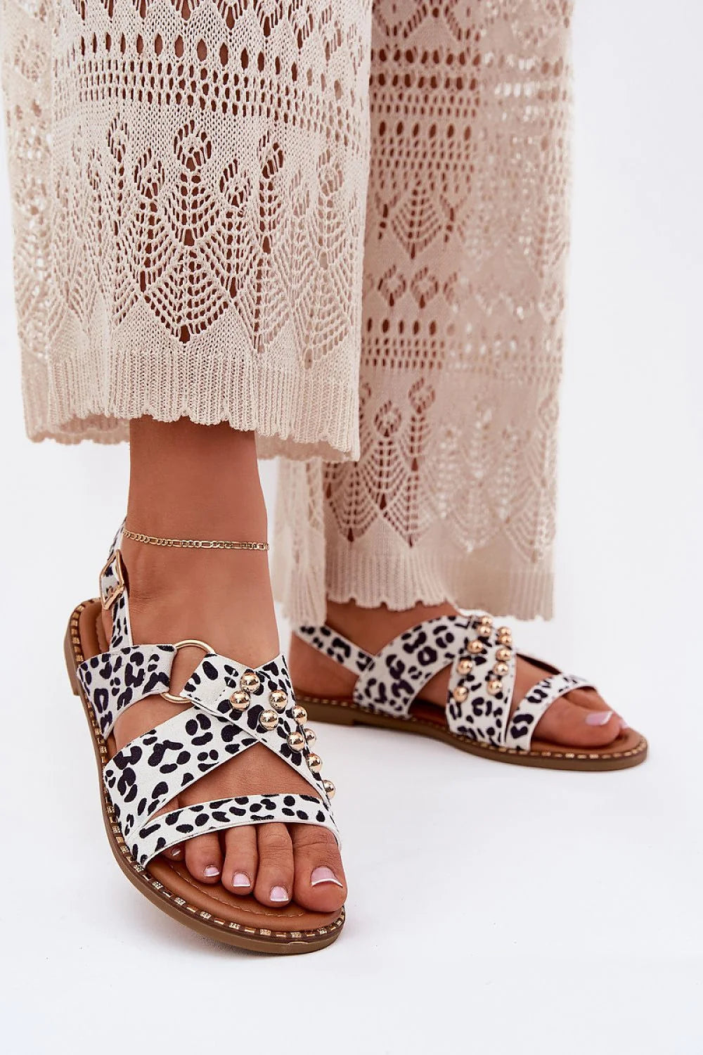 Sandales Step in style pour femme en suède écologique talon plat doré sangles croisées motif léopard ajustables occasion élégante été