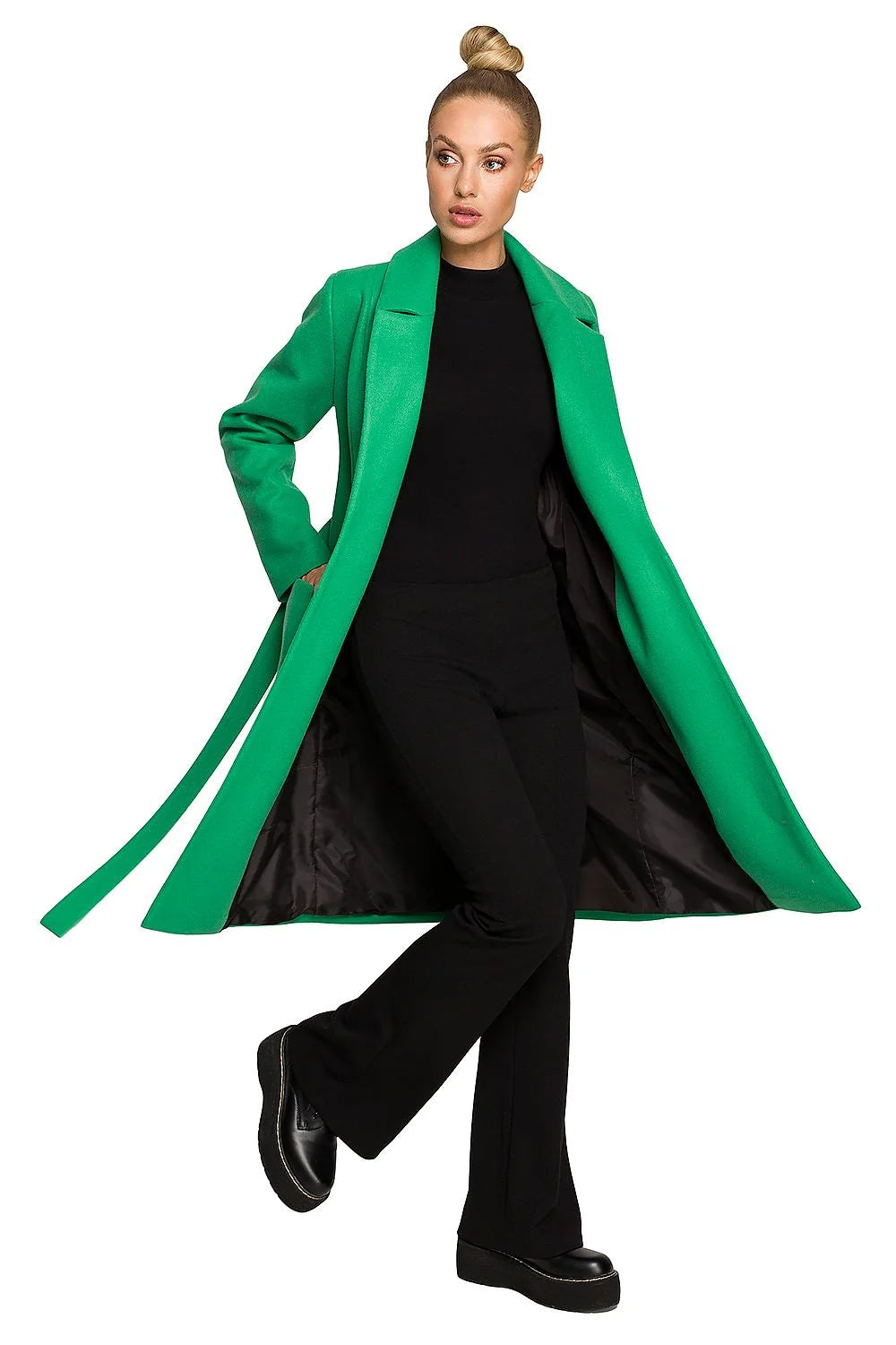 Manteau femme élégant long col revers ceinture poches vert veste hiver mode laine acrylique polyester