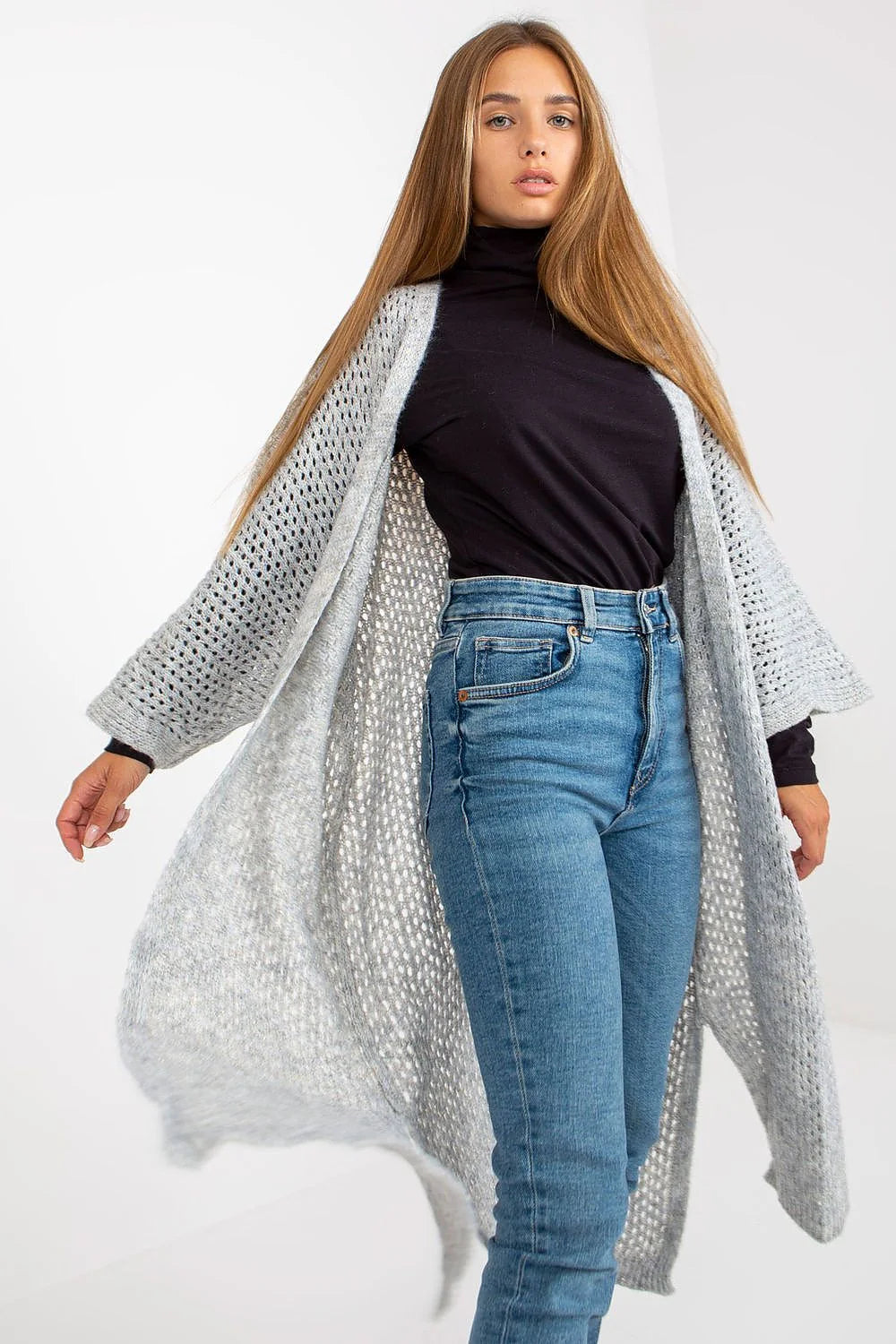 Cardigan long pour femme en tricot ajouré style bohème matières mixtes acrylique polyamide viscose laine