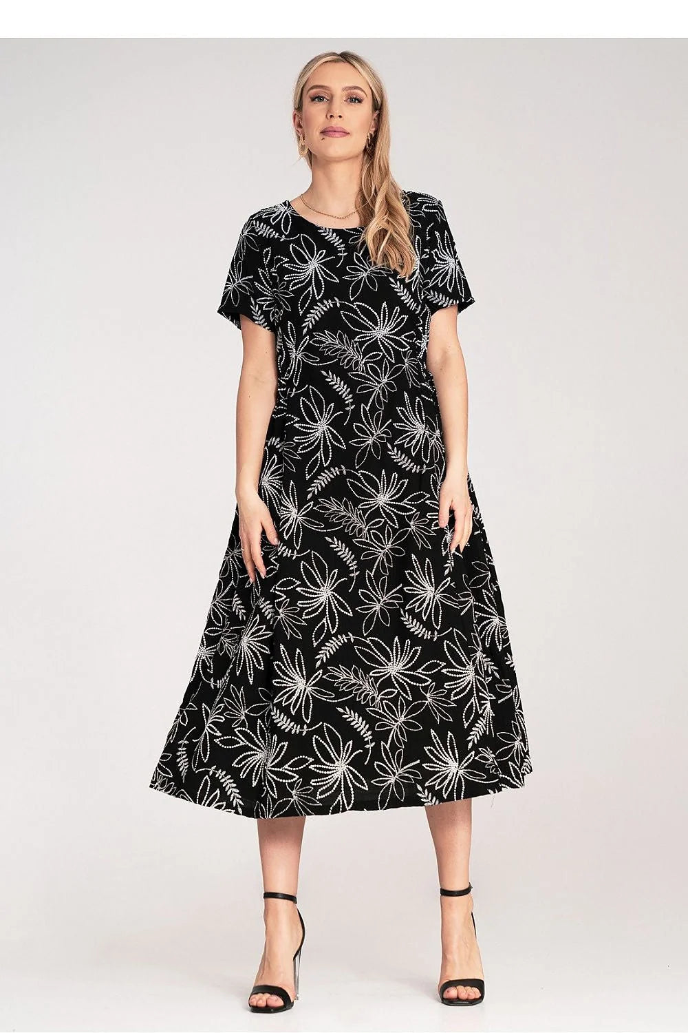 Robe de jour Figl à manches courtes col rond imprimé floral blanc sur fond noir taille ajustable femme