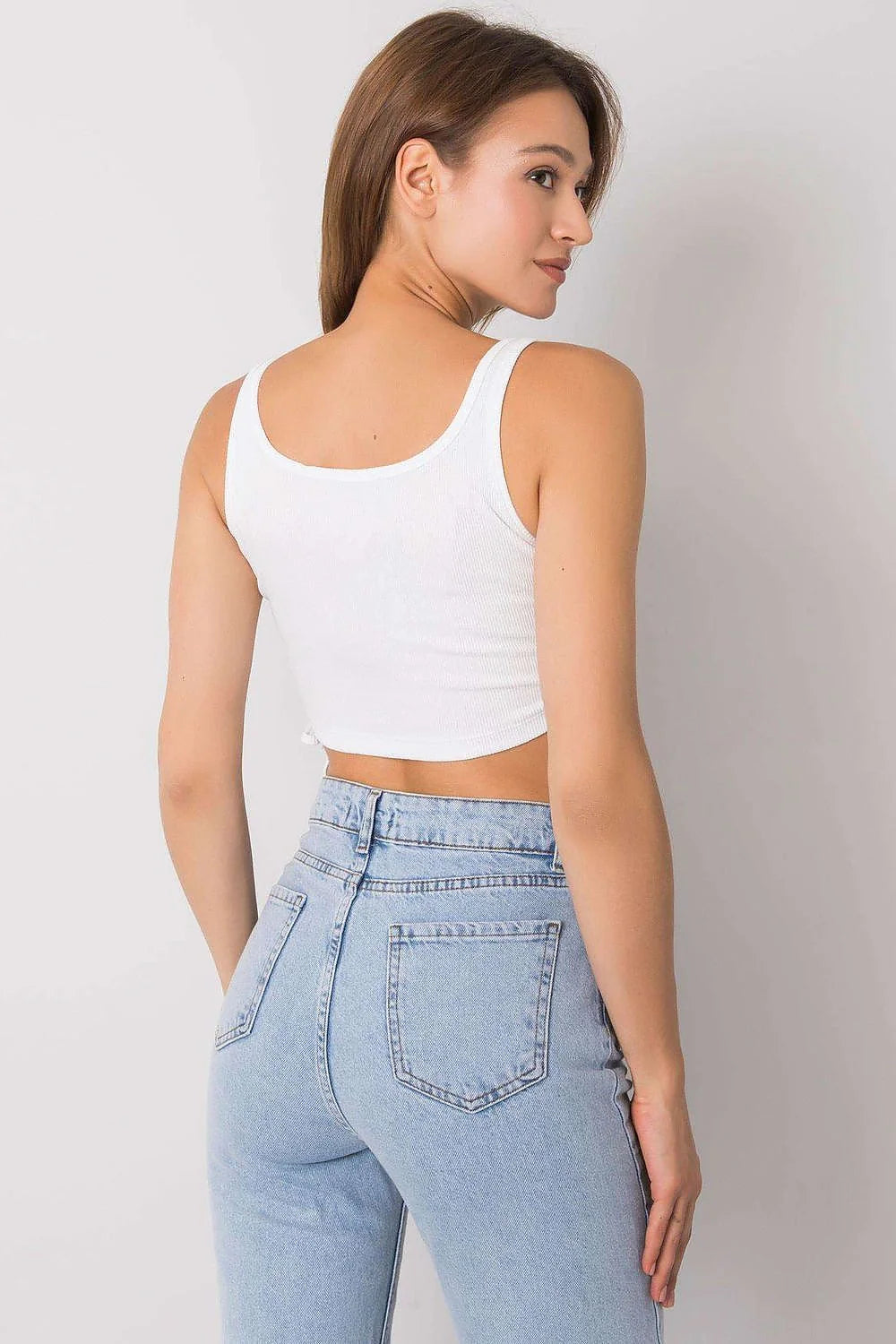 top femme court crop coton stretch côtelé blanc ajusté bretelles larges encolure ronde fronces latérales réglables liens extensible confortable polyvalent