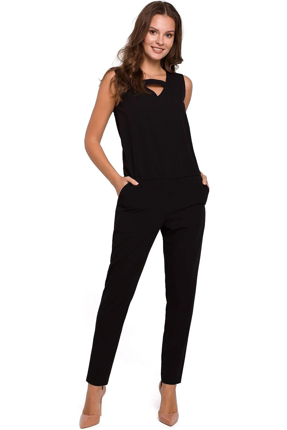 Combinaison élégante sans manches polyester moderne chic noir ajustée confortable avec poches pour femme