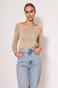 Pull tricoté féminin élégant couleur beige manches longues col bateau coupe droite vêtement mode hiver été