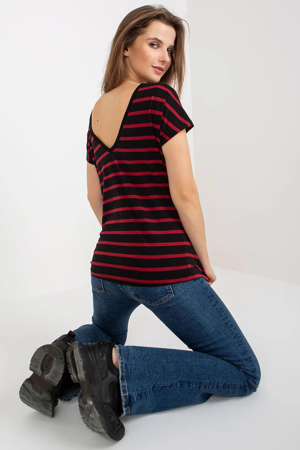 T-shirt femme décontracté polyvalent style moderne rayures horizontales coton elasthanne V-cut dos manches courtes
