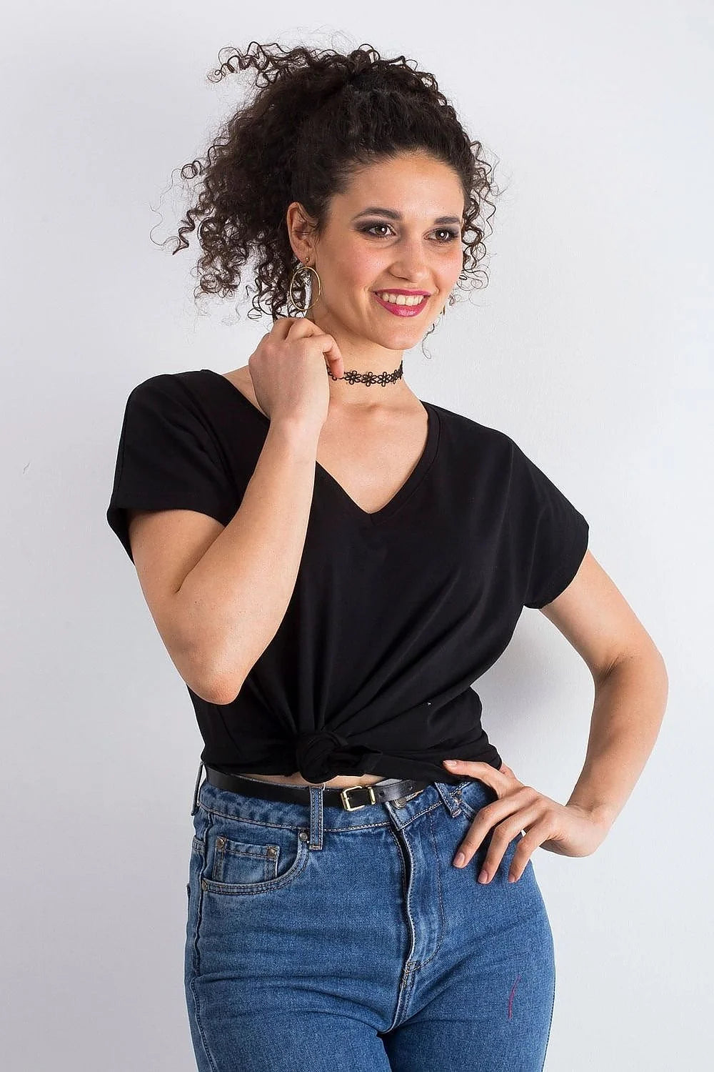 T-shirt femme loose manches courtes col V couleur verte vif coton elastane taille ajustable S M L XL XS
