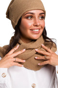 écharpe infinity tricotée main acrylique douce chaude volumineuse longue camel texture granité moderne élégante cosy assortie bonnet snood style urbain