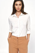 chemise blanche viscose fluide soyeuse légère coupe droite élégant manches troisquarts col pointu patte cachée bureau casual confortable
