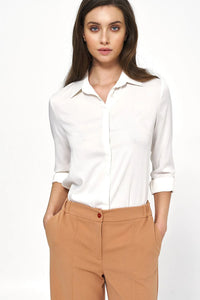 chemise blanche viscose fluide soyeuse légère coupe droite élégant manches troisquarts col pointu patte cachée bureau casual confortable