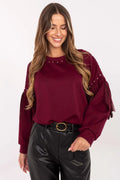 sweatshirt femme bordeaux manches longues col rond clous métalliques franges latérales maille douce viscose polyester bohème rock chic